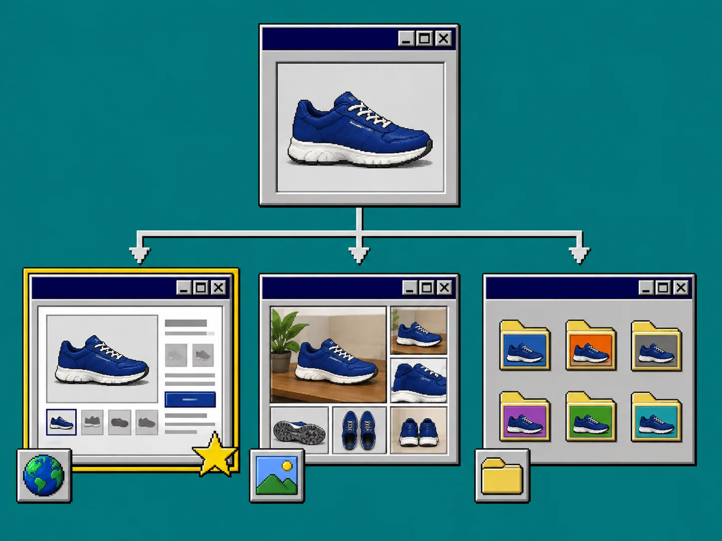 Retro workflow diagram routing one product photo to product page gallery and social use