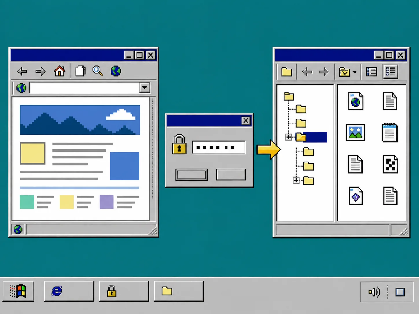 Retro password dialog flowing into a static website folder