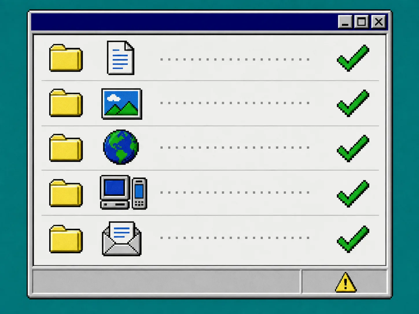 Windows 95 file explorer checklist for pages, images, links, mobile view, and forms