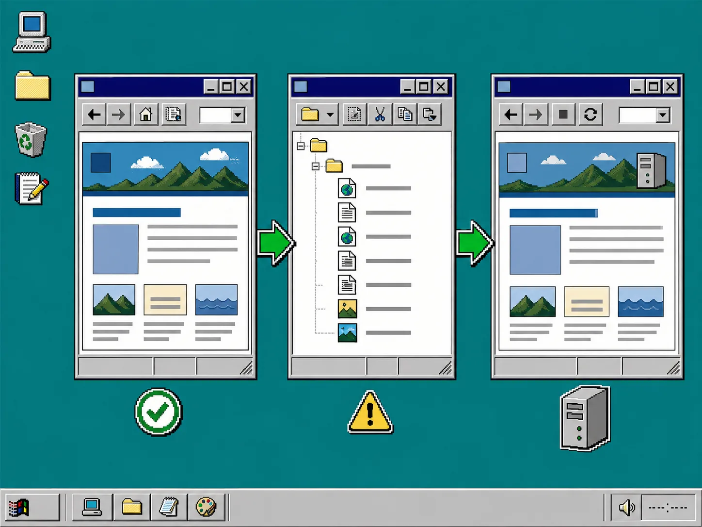 Retro staging-server window showing a browser preview, static files, and a separate test deployment