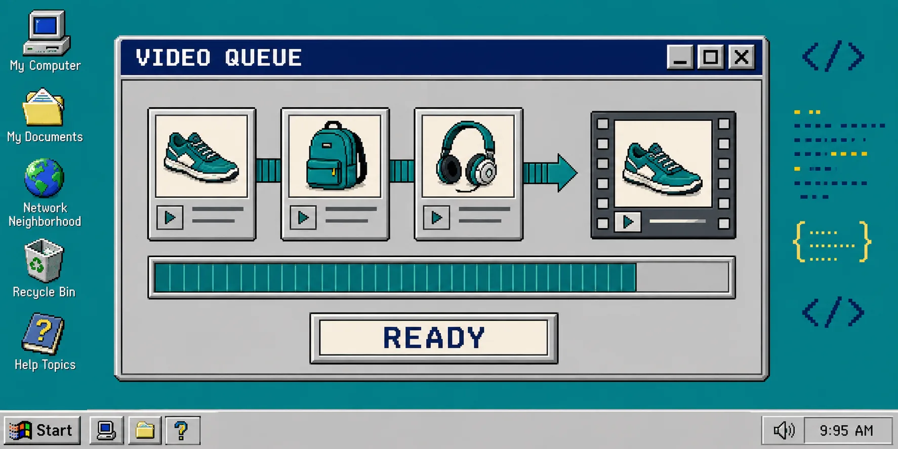 VideoFlow product video queue in a retro desktop window