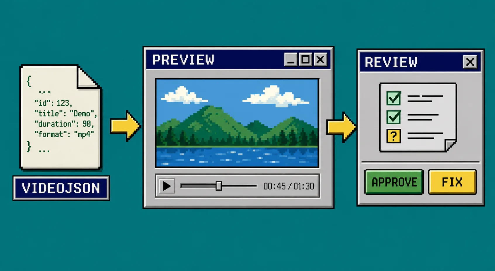 VideoJSON preview and review workflow in a retro desktop interface