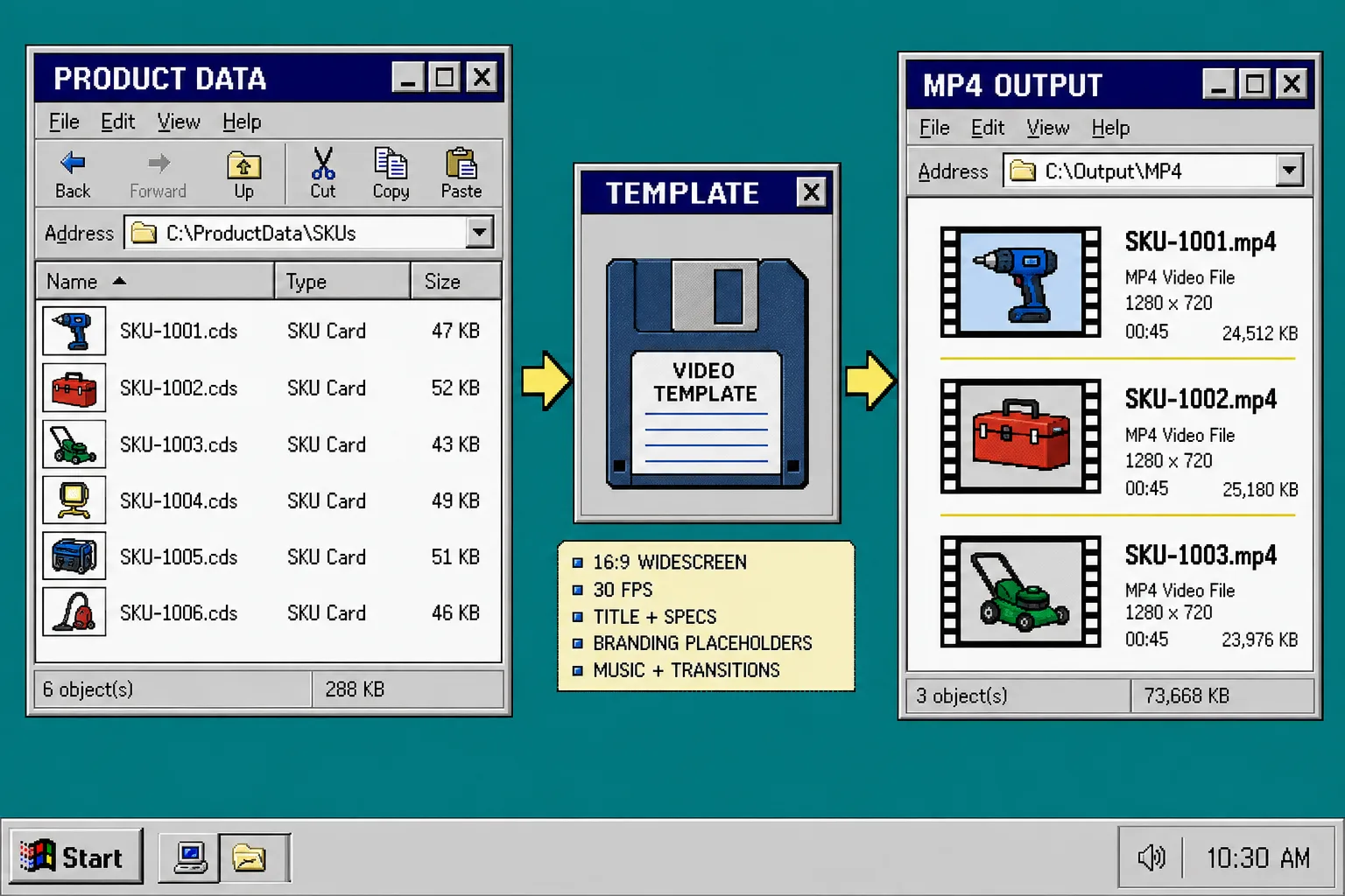 Product data template and MP4 output workflow in a retro desktop interface