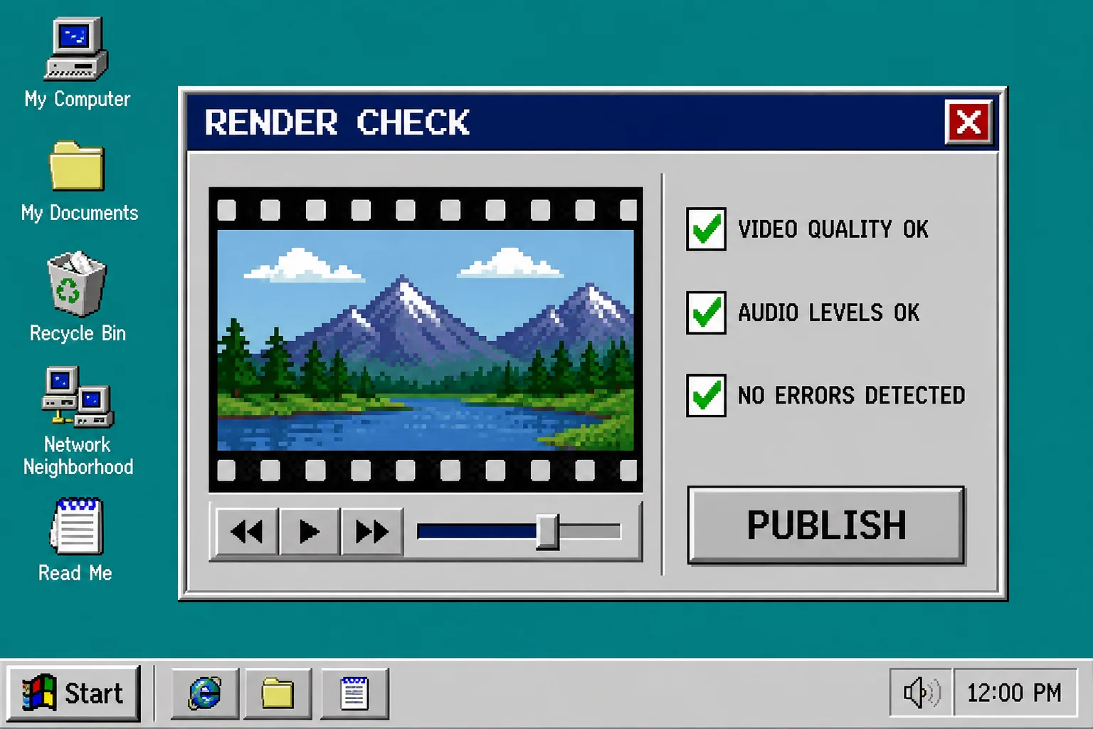 Video render quality check dialog in a retro desktop interface