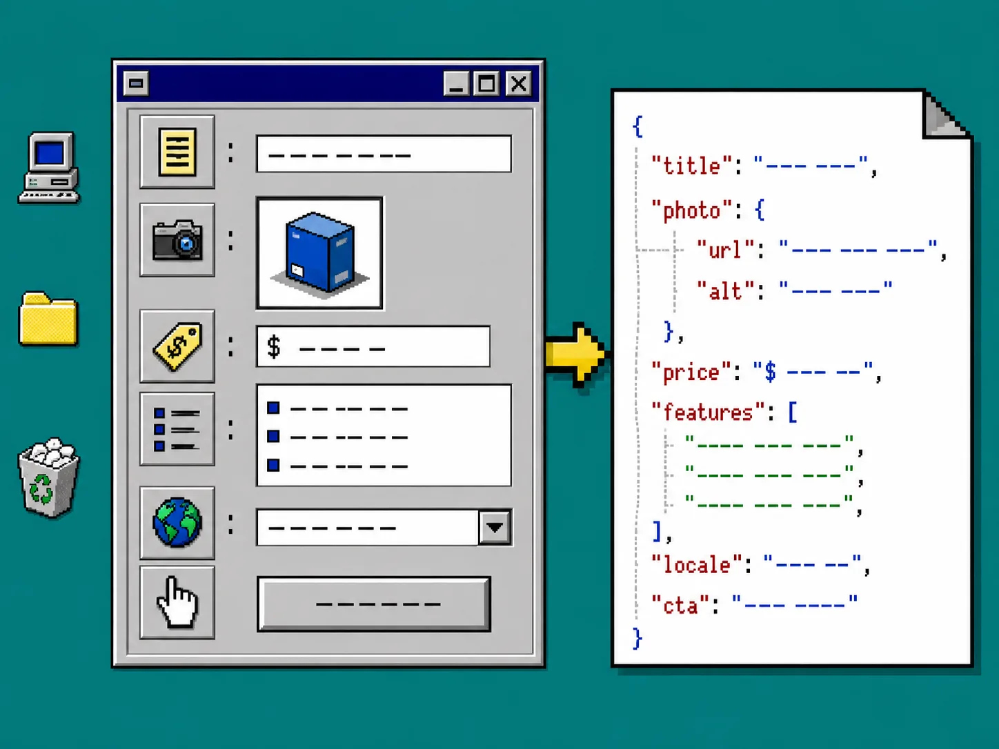 Retro desktop diagram of catalog fields becoming a structured video document