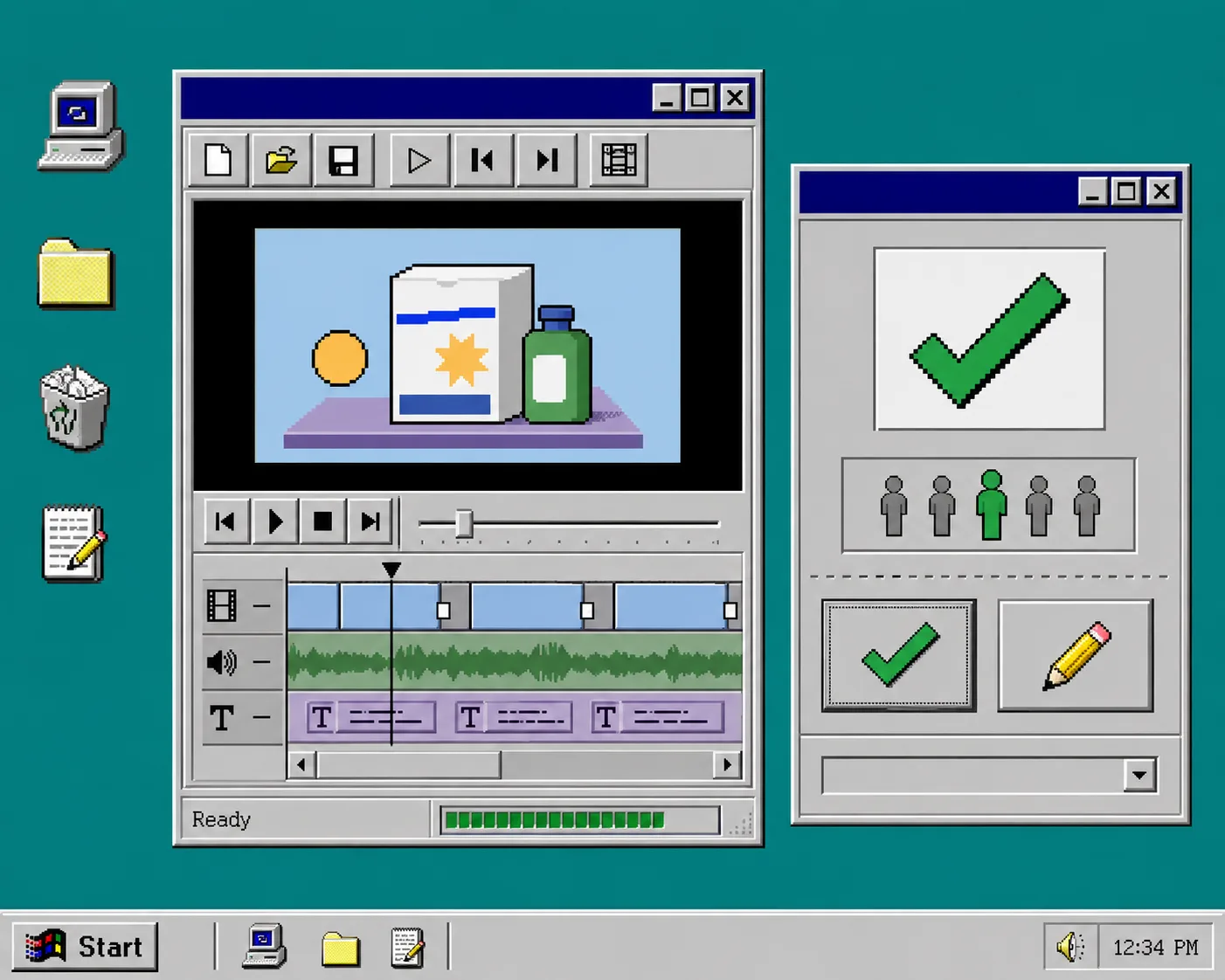 Windows 95-style preview window beside a chunky approval dialog