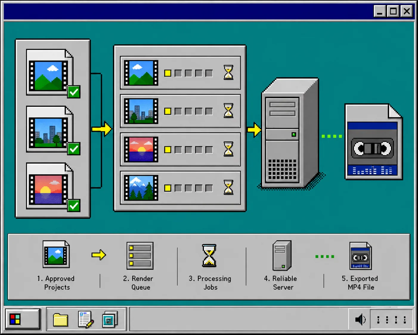 Retro desktop batch queue flowing from approved film jobs to an MP4 file