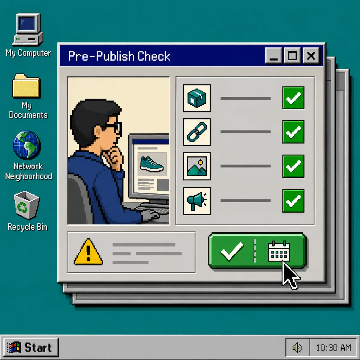 Retro desktop pre-publish dialog showing product facts, internal links, image rights, and brand voice checklist