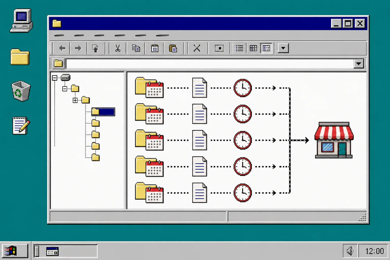 Windows 95 file explorer showing an ecommerce content calendar with dated folders and a recurring publishing clock