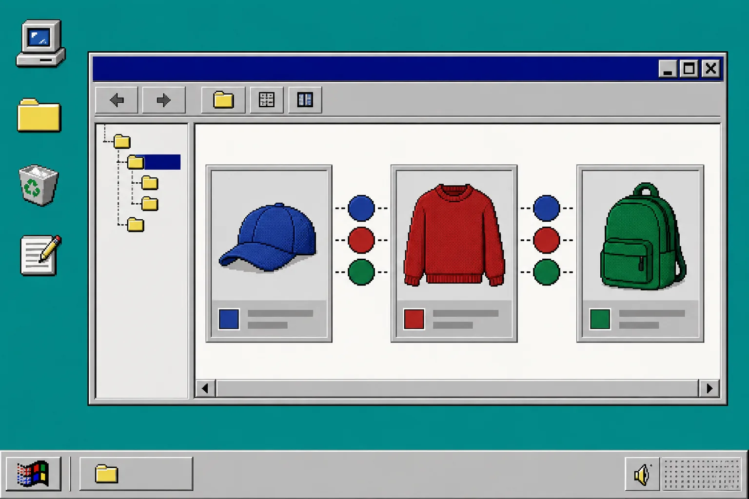 Windows 95 file explorer showing product cards connected by color swatches