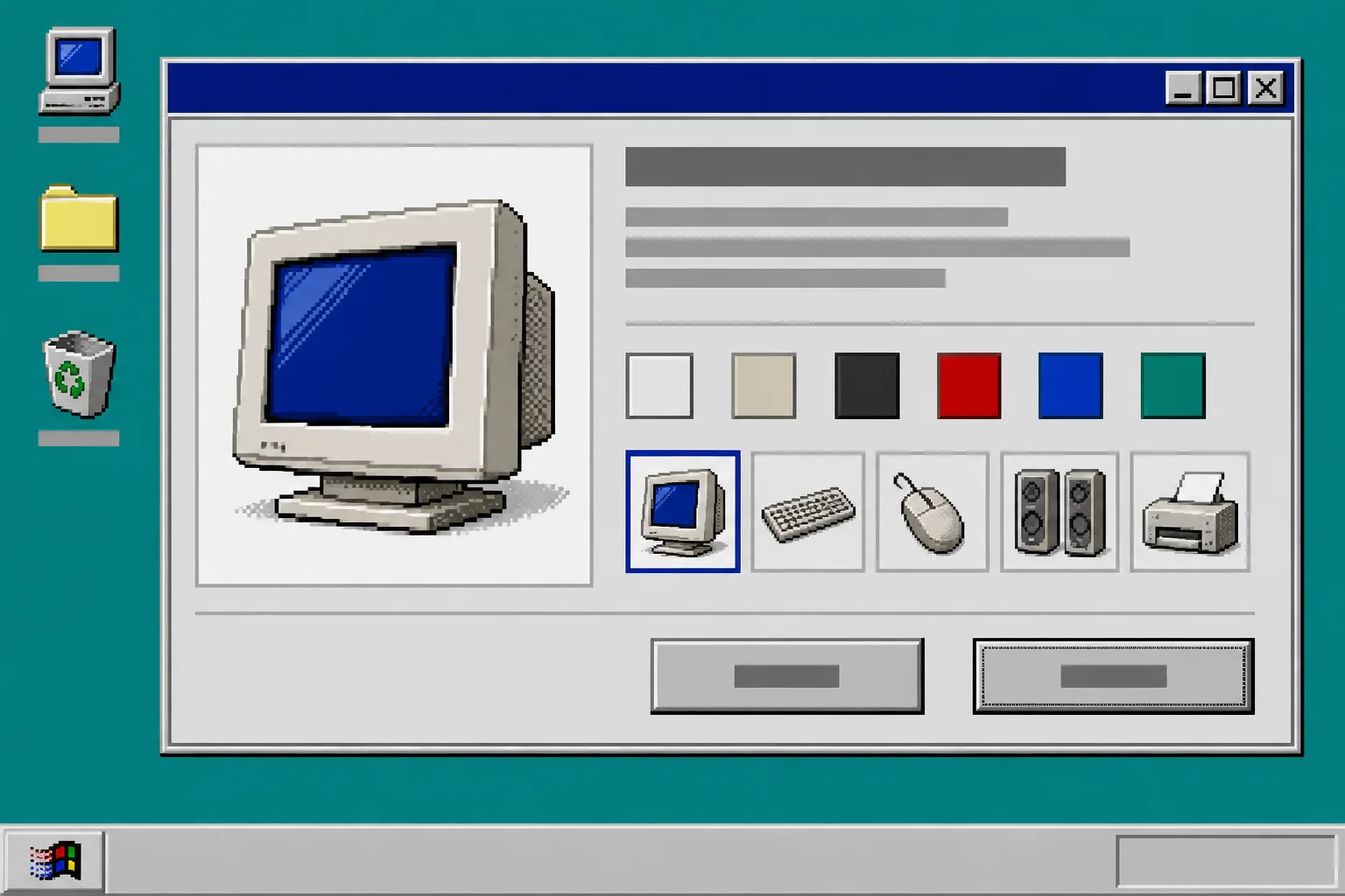 Windows 95 style product page with a row of color and image swatches