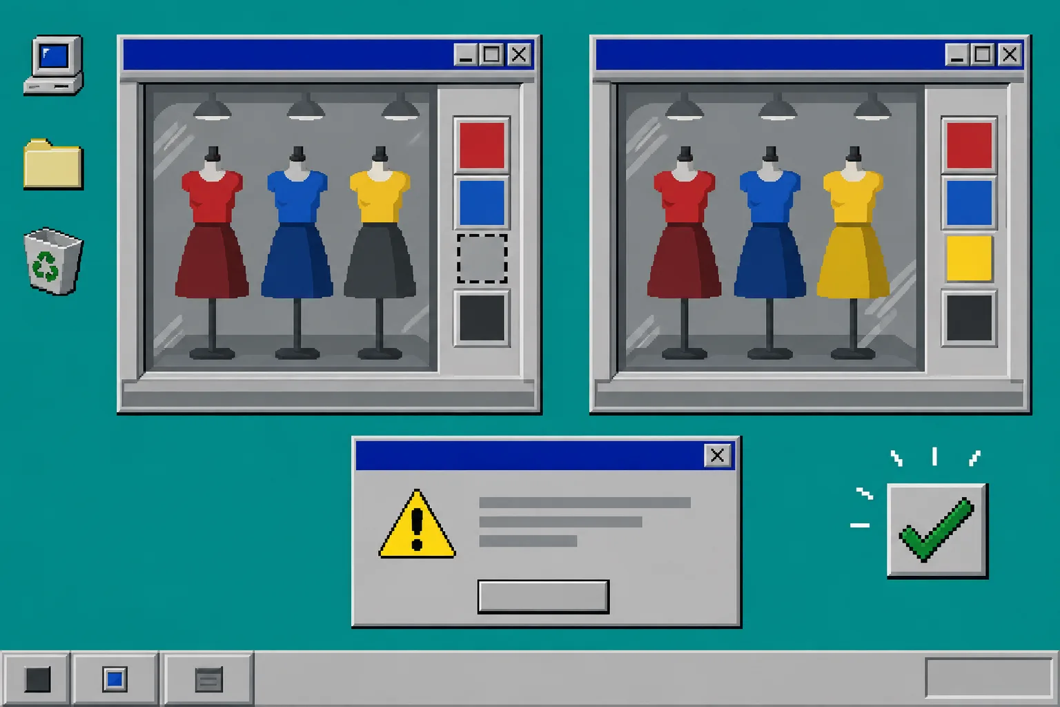 Windows 95 troubleshooting view comparing missing and correctly grouped swatches
