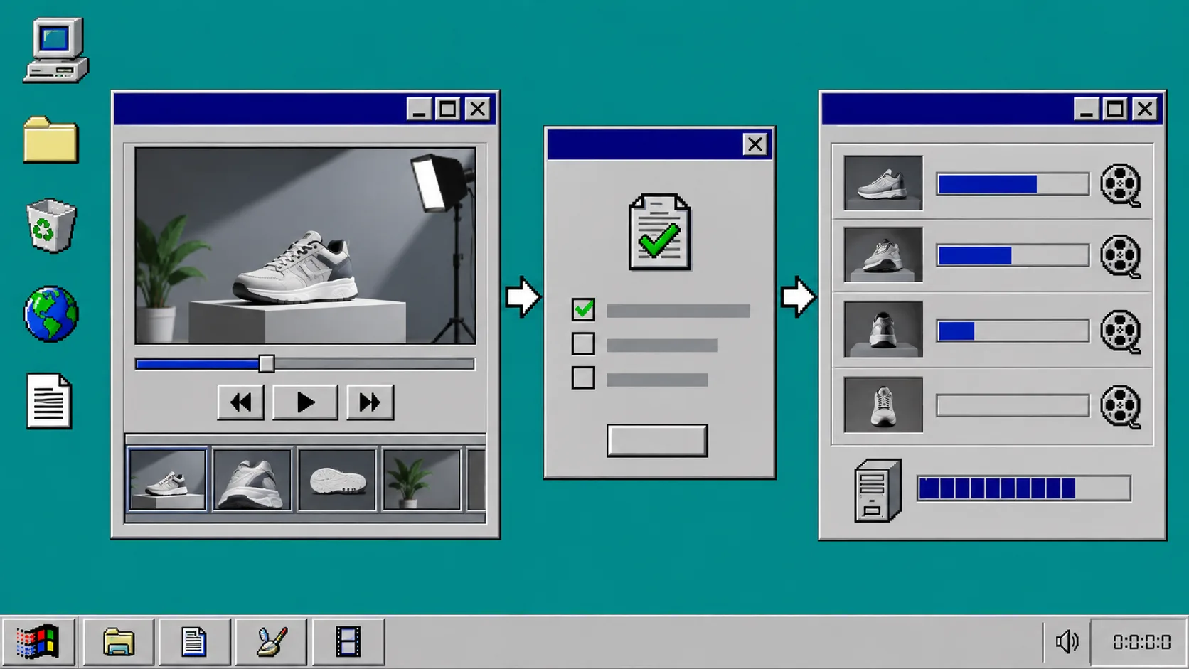 Windows 95 style video draft approval dialog and render queue