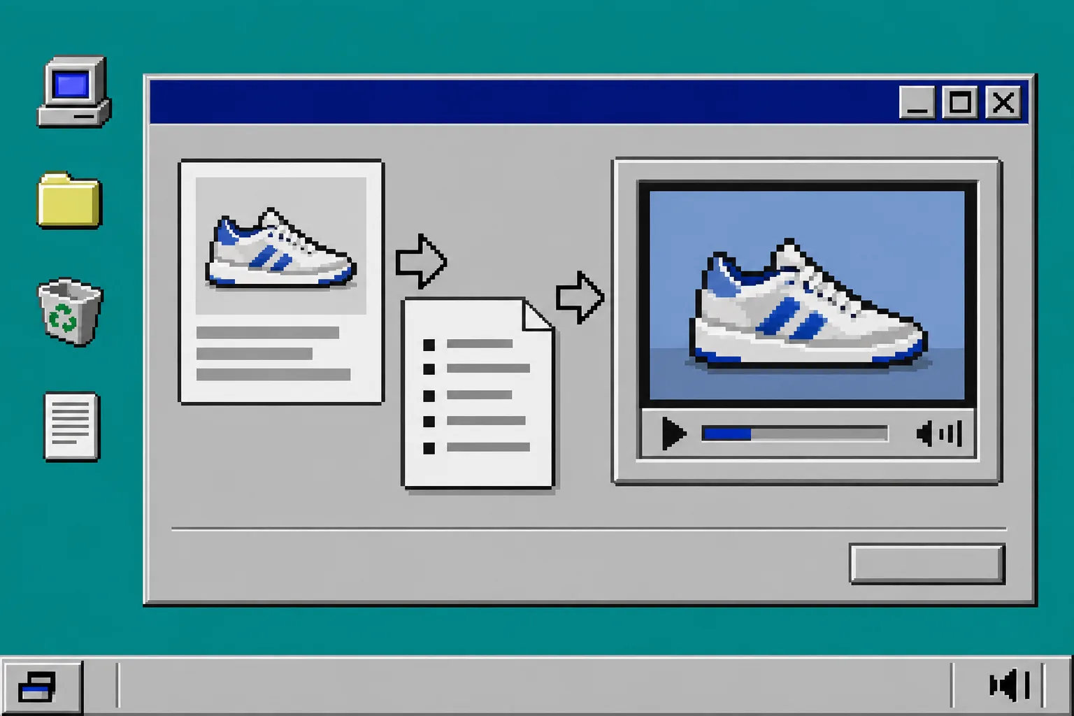Windows 95 style preview window turning product data and script into a video draft