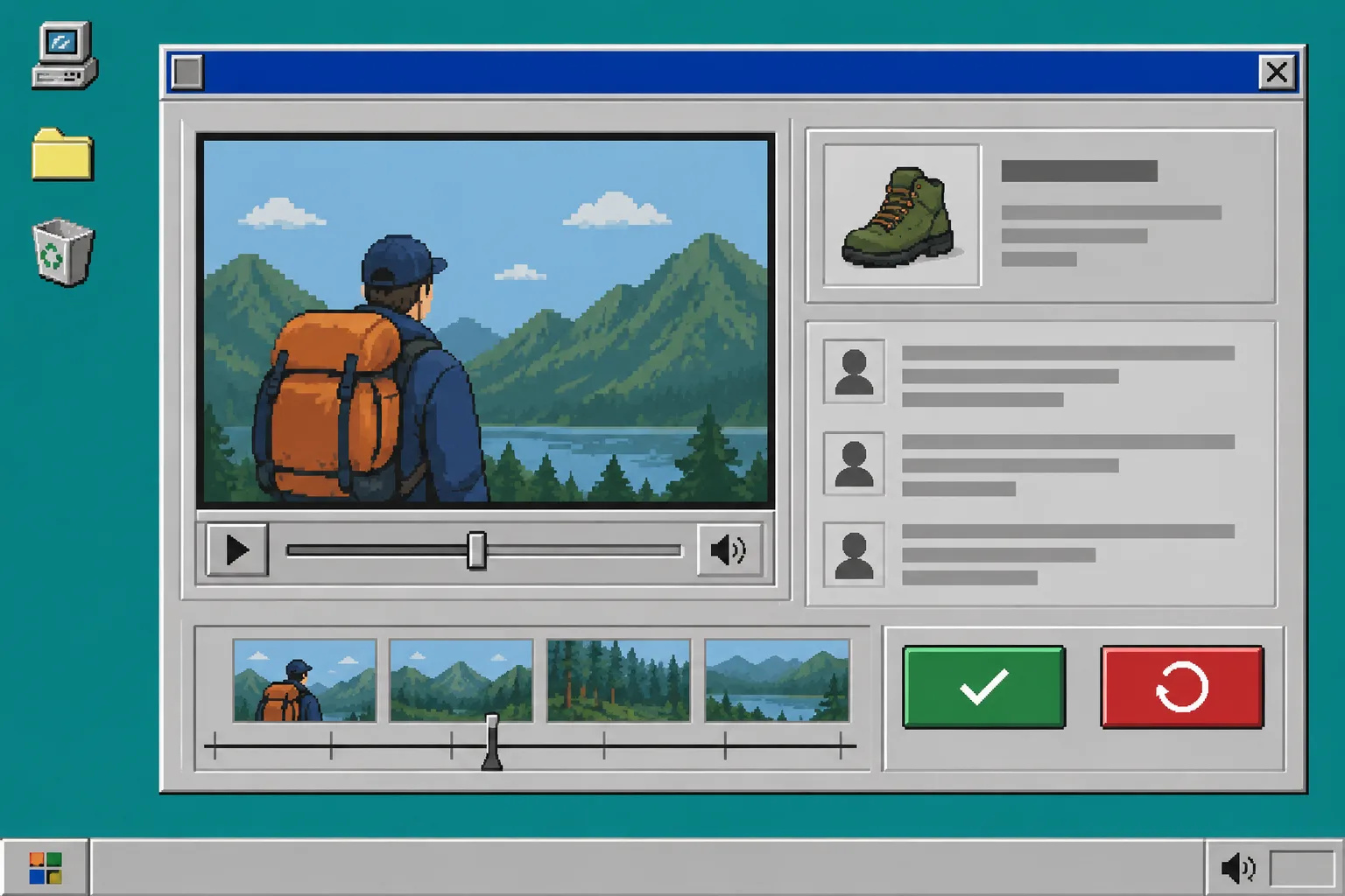Windows 95 review dialog with video preview and approve or revise choices
