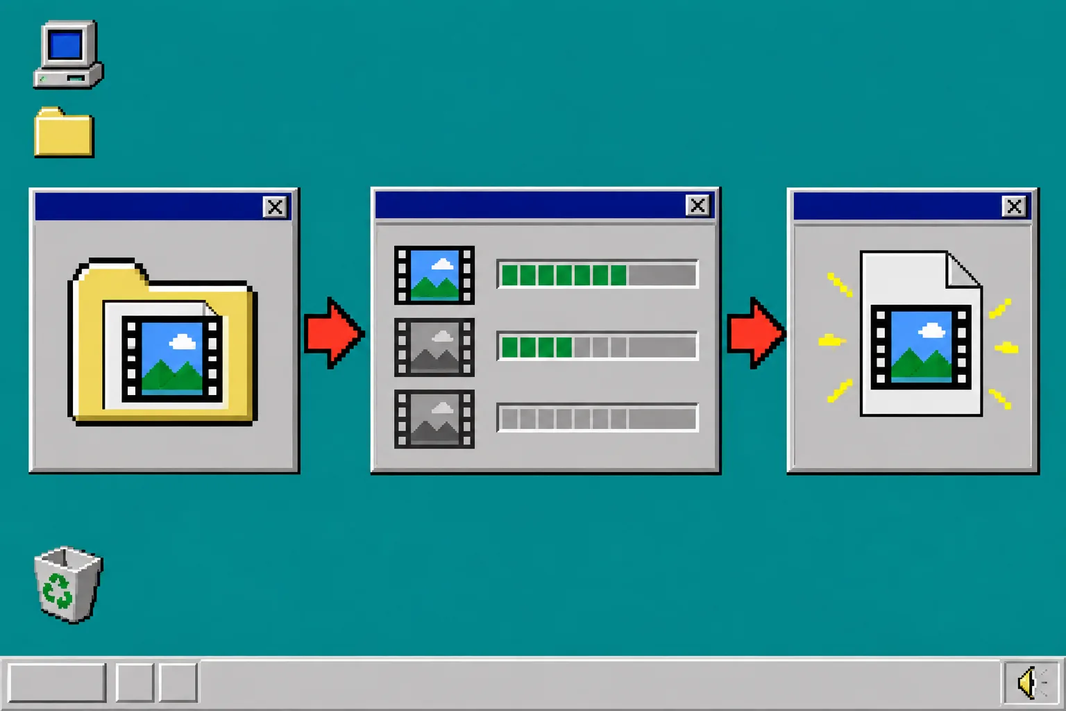 Windows 95 style approved video job moving from folder to render queue and completed file