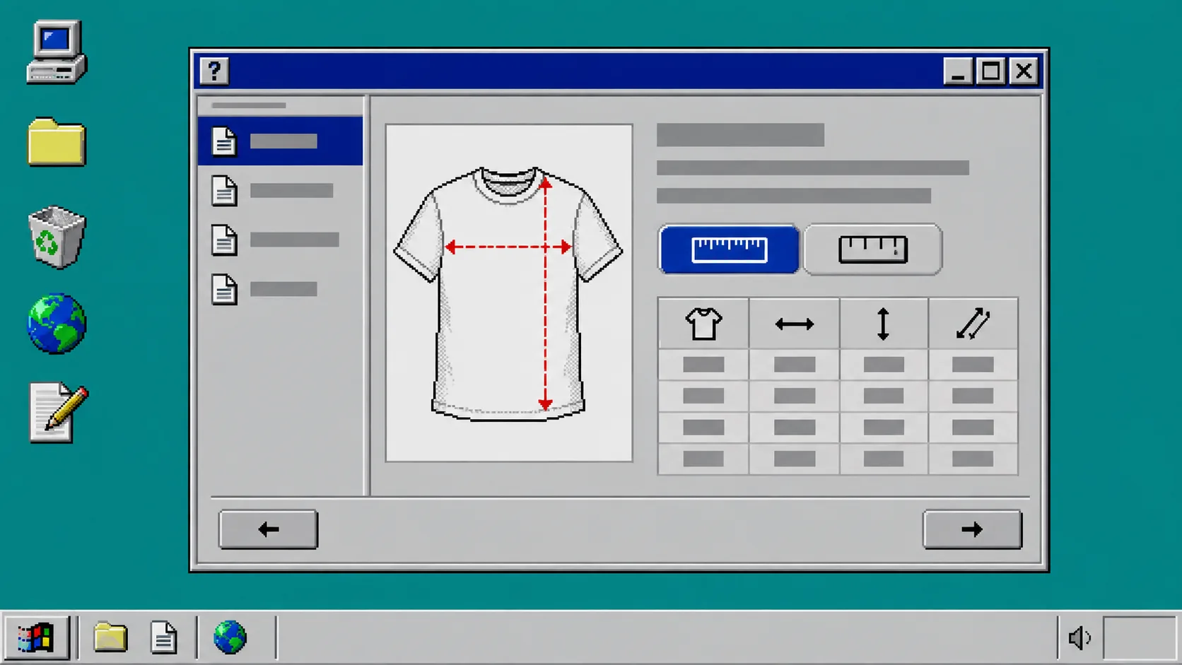 Windows 95 style measurement guide with centimeter and inch controls