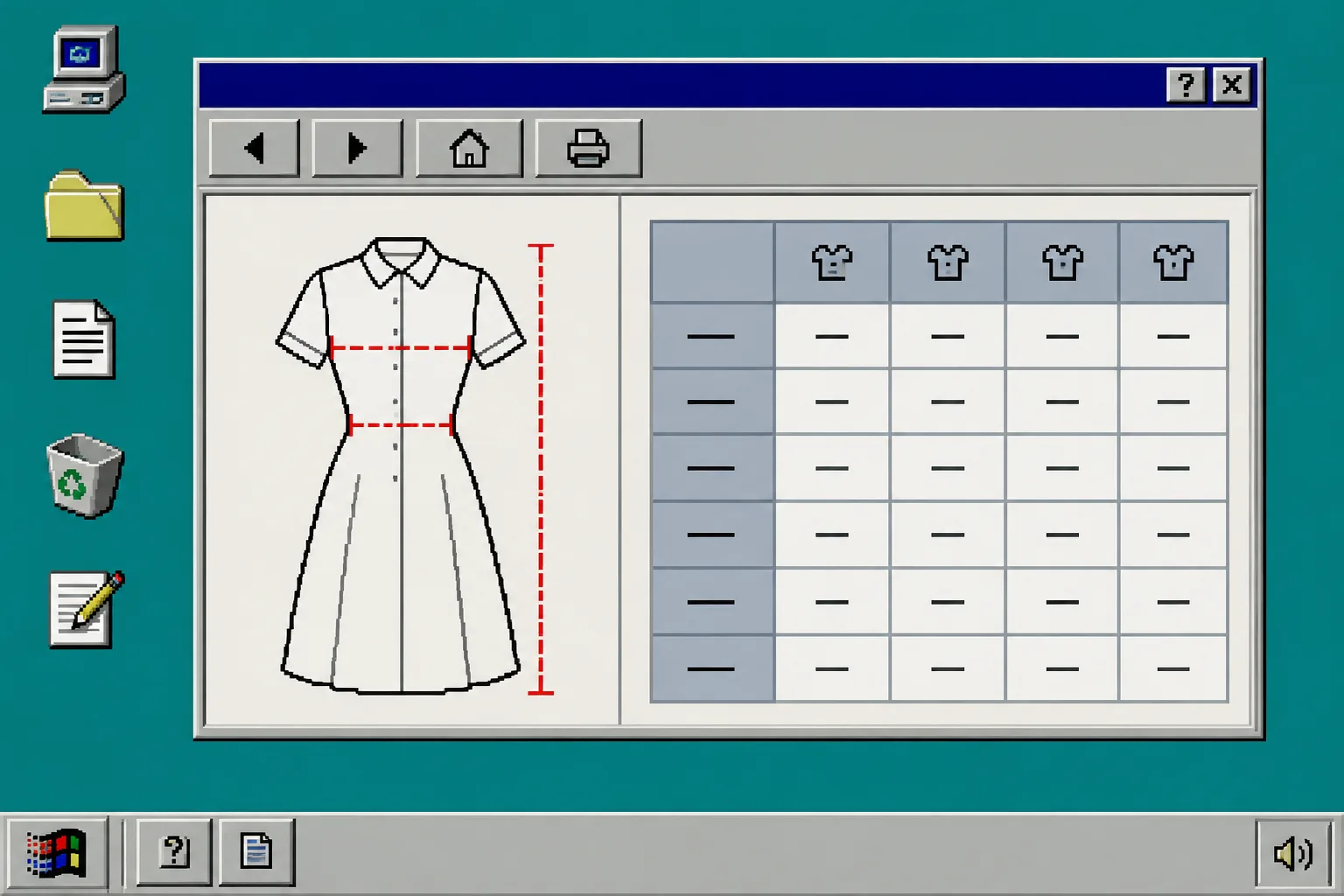 Windows 95 style garment silhouette with measurement lines beside a size chart table