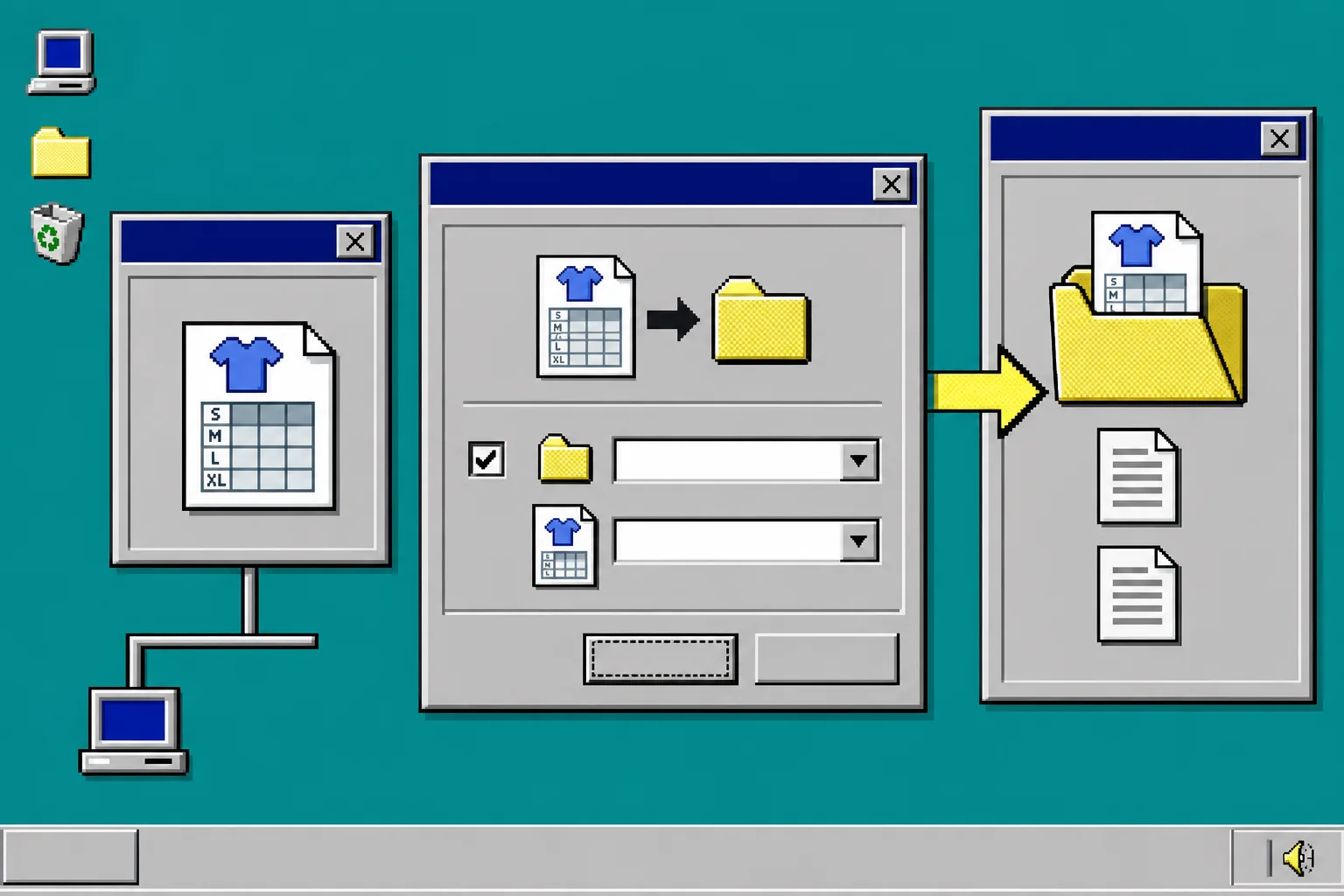 Windows 95 collection folder receiving a shared size-chart document through a rule dialog