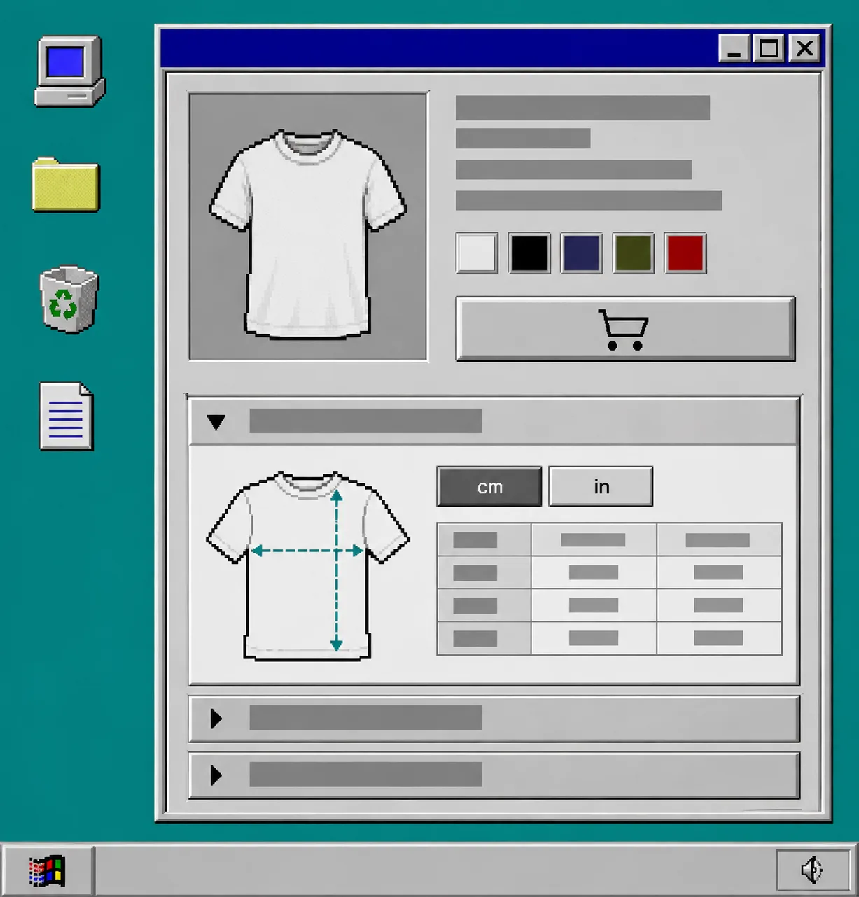 Windows 95 mobile product page with an accessible size guide and unit controls