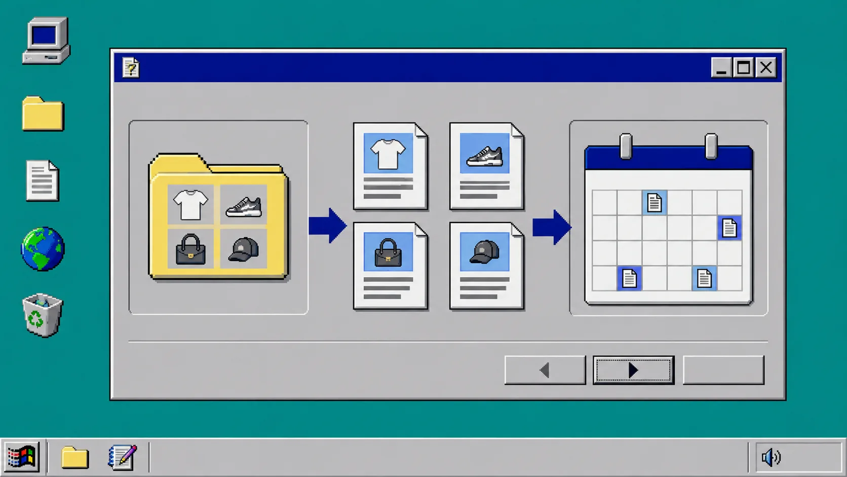 Windows 95 style collection folder becoming article cards on a calendar