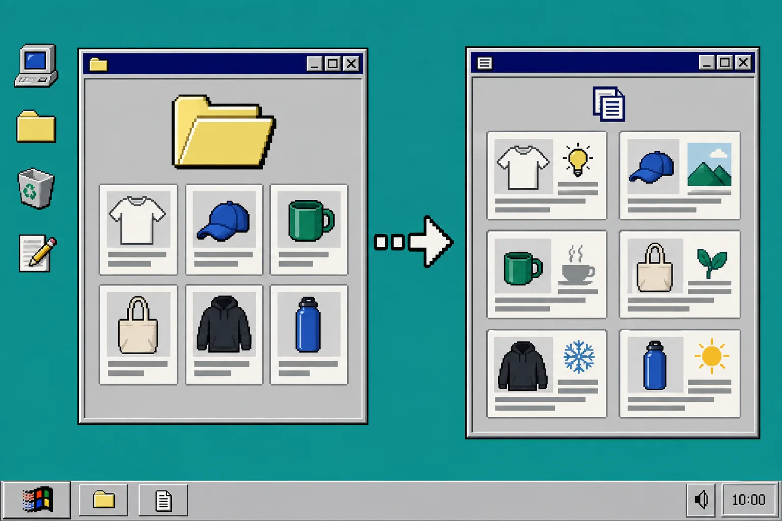 Windows 95 file window sorting product cards into useful blog topic cards