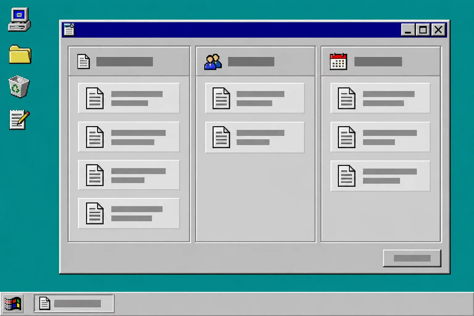 Windows 95 content queue dialog with draft, review, and schedule columns