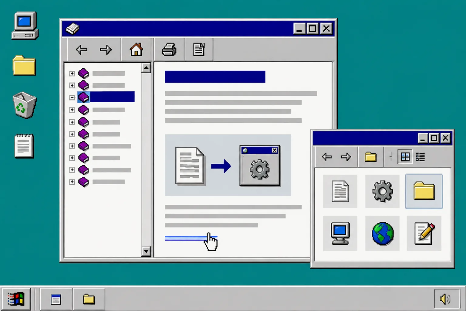 Windows 95 product-aware article draft connecting to an internal link and illustration folder