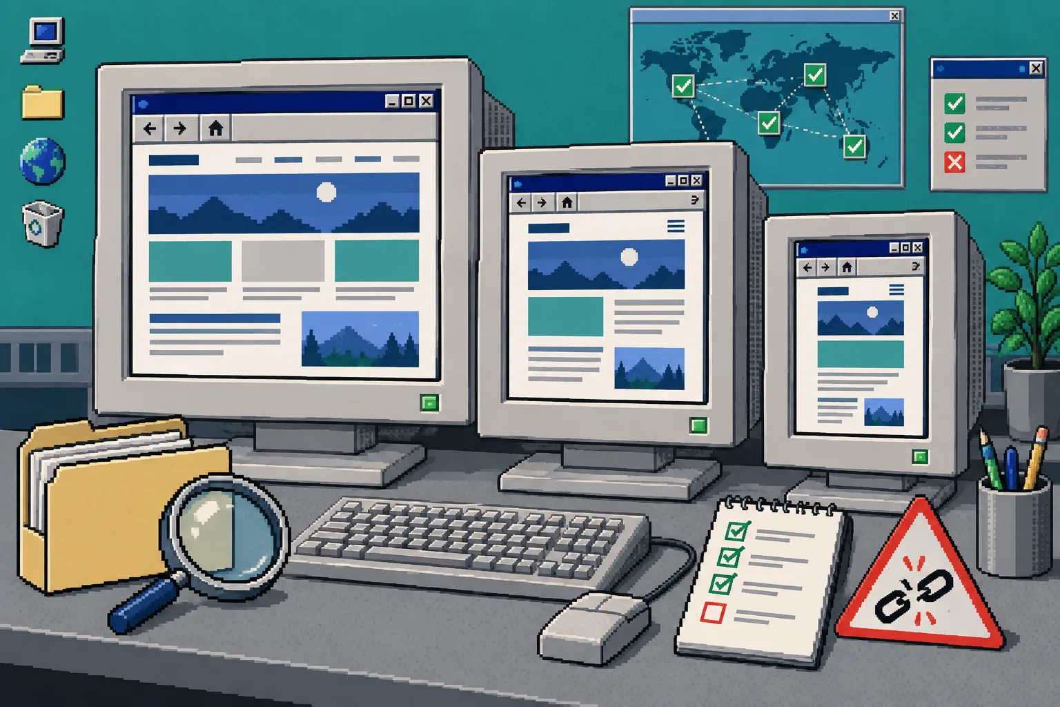 Retro responsive static-site QA workstation