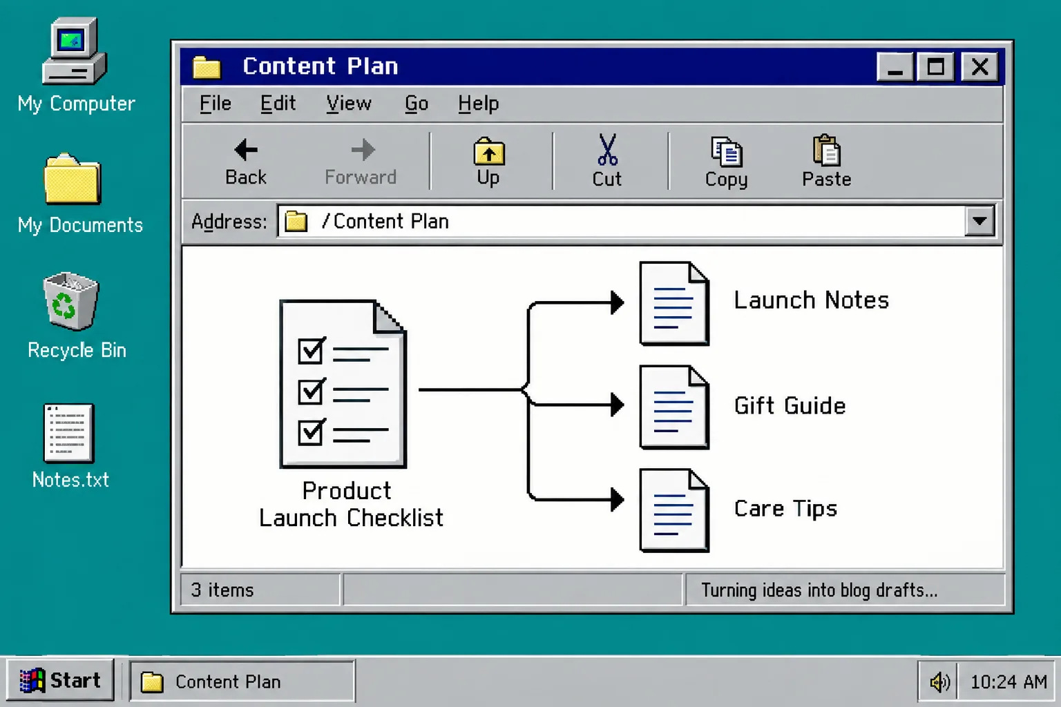 Retro file explorer connecting launch notes to blog drafts