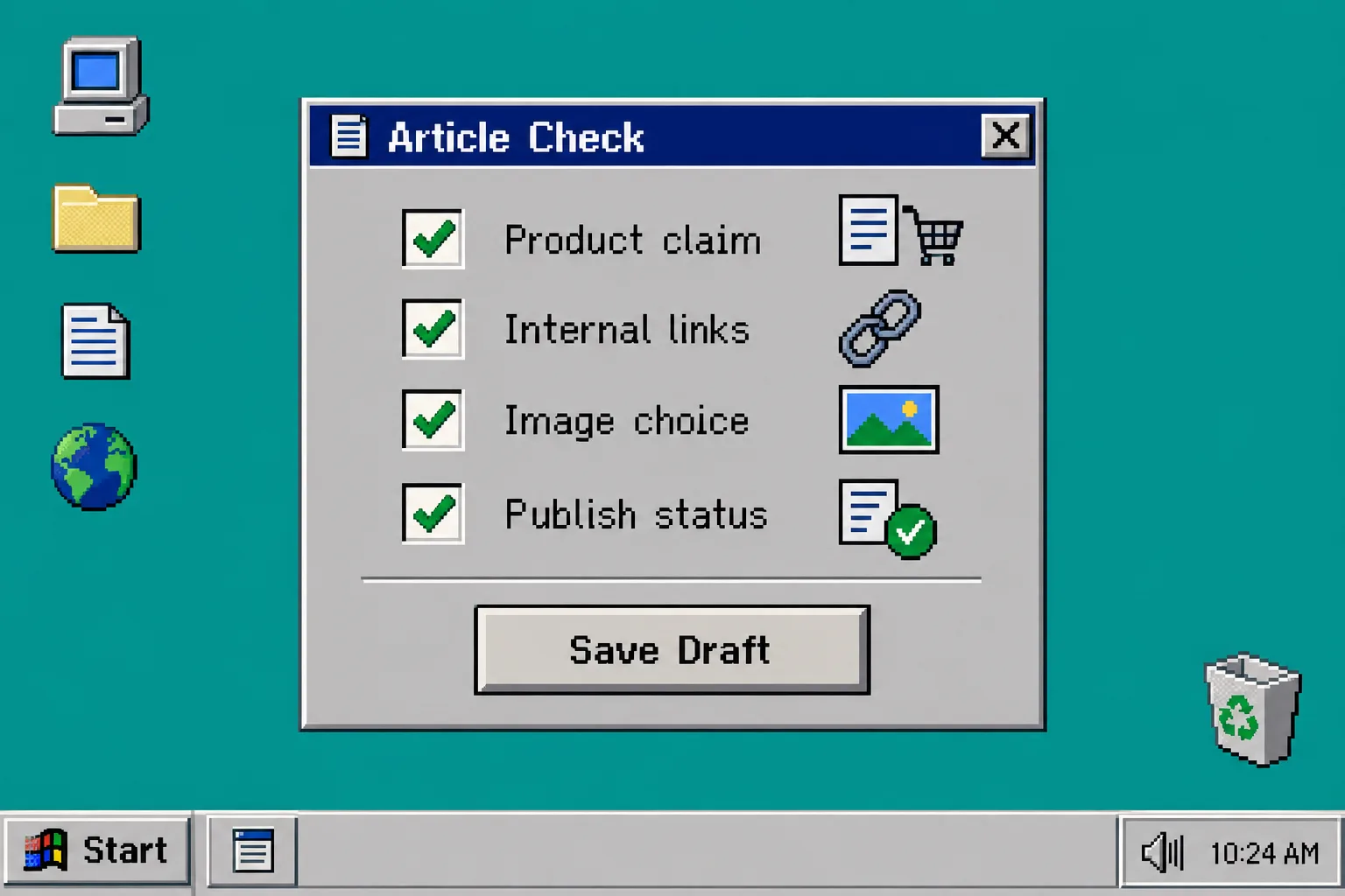 Retro article review checklist with save draft control