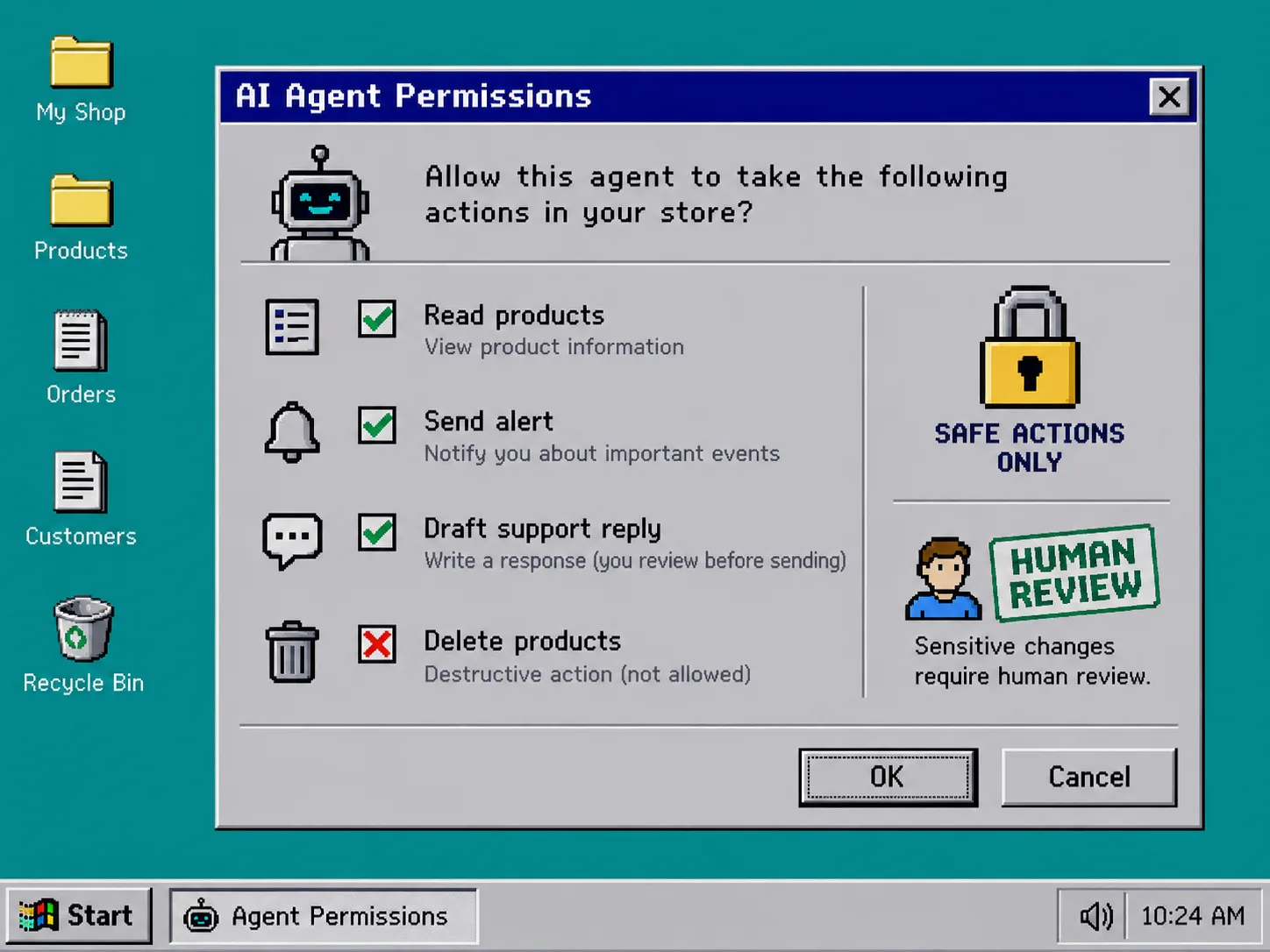 Scoped permissions dialog for a Shopify AI agent