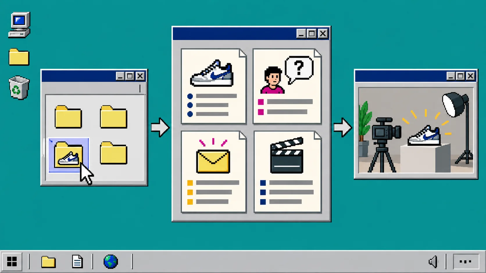 Retro workflow diagram turning a product brief into a video script