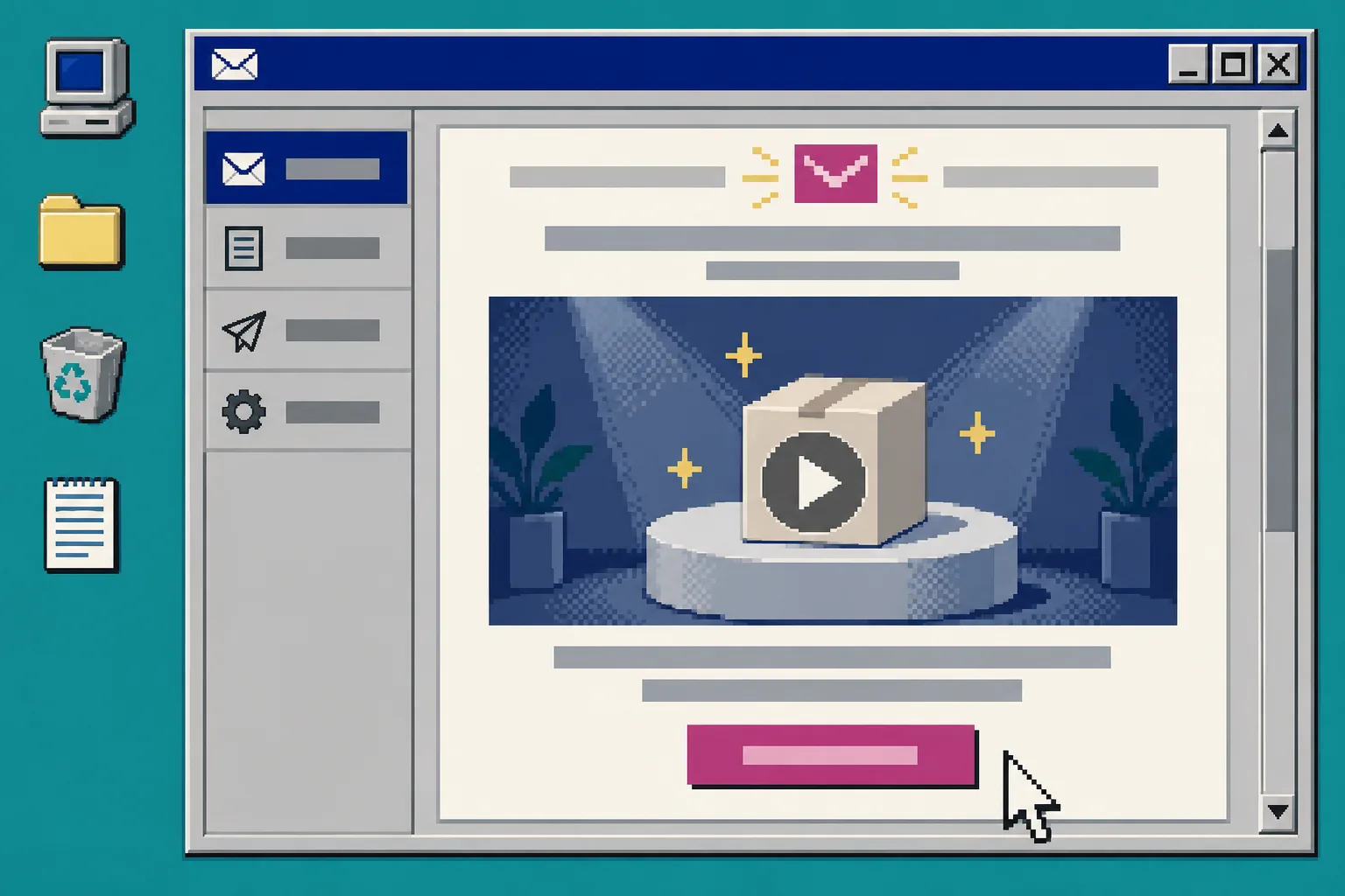 Retro email preview window with a product video thumbnail
