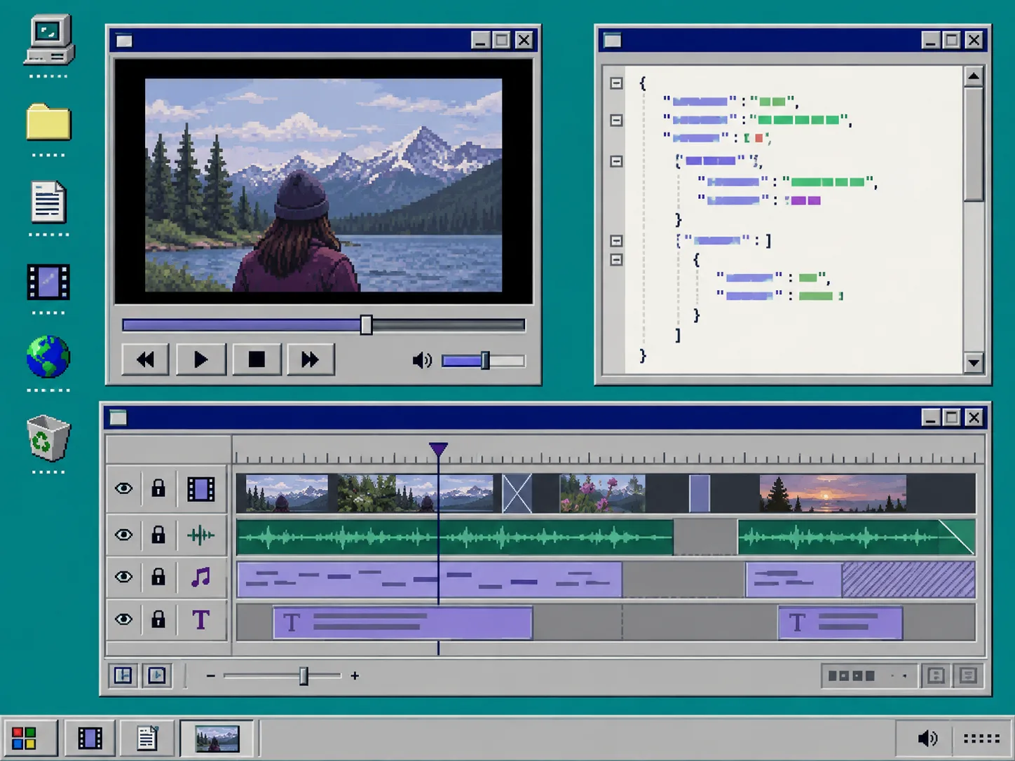 Retro multi-track editor displaying a preview and JSON source