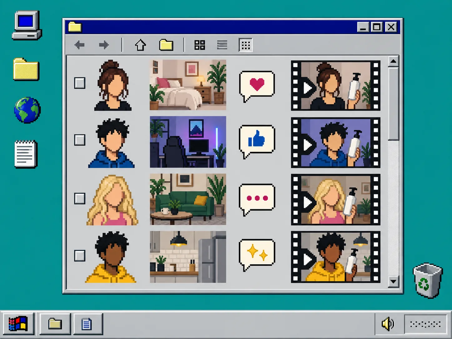 Retro file explorer showing UGC video test variations