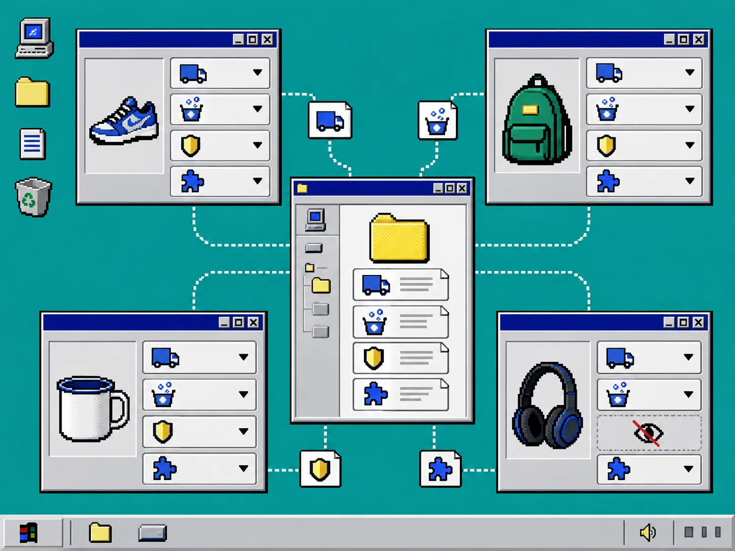 Retro file explorer diagram showing shared Shopify content supplied to product pages