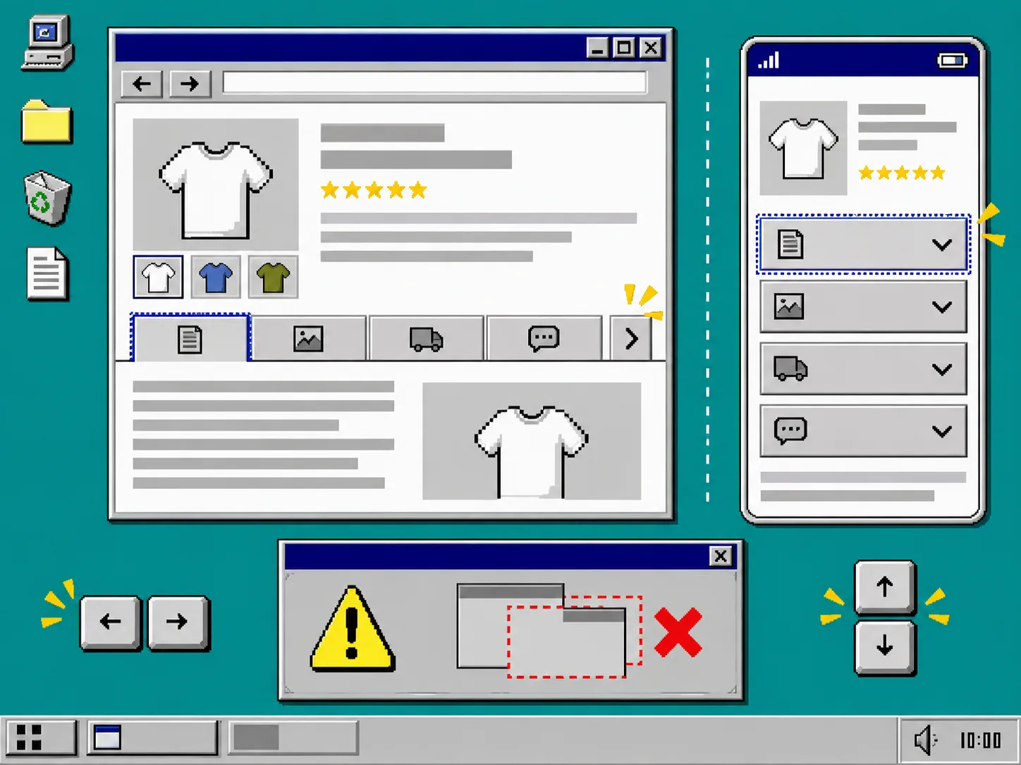 Windows 95 troubleshooting view of desktop tabs and mobile accordions