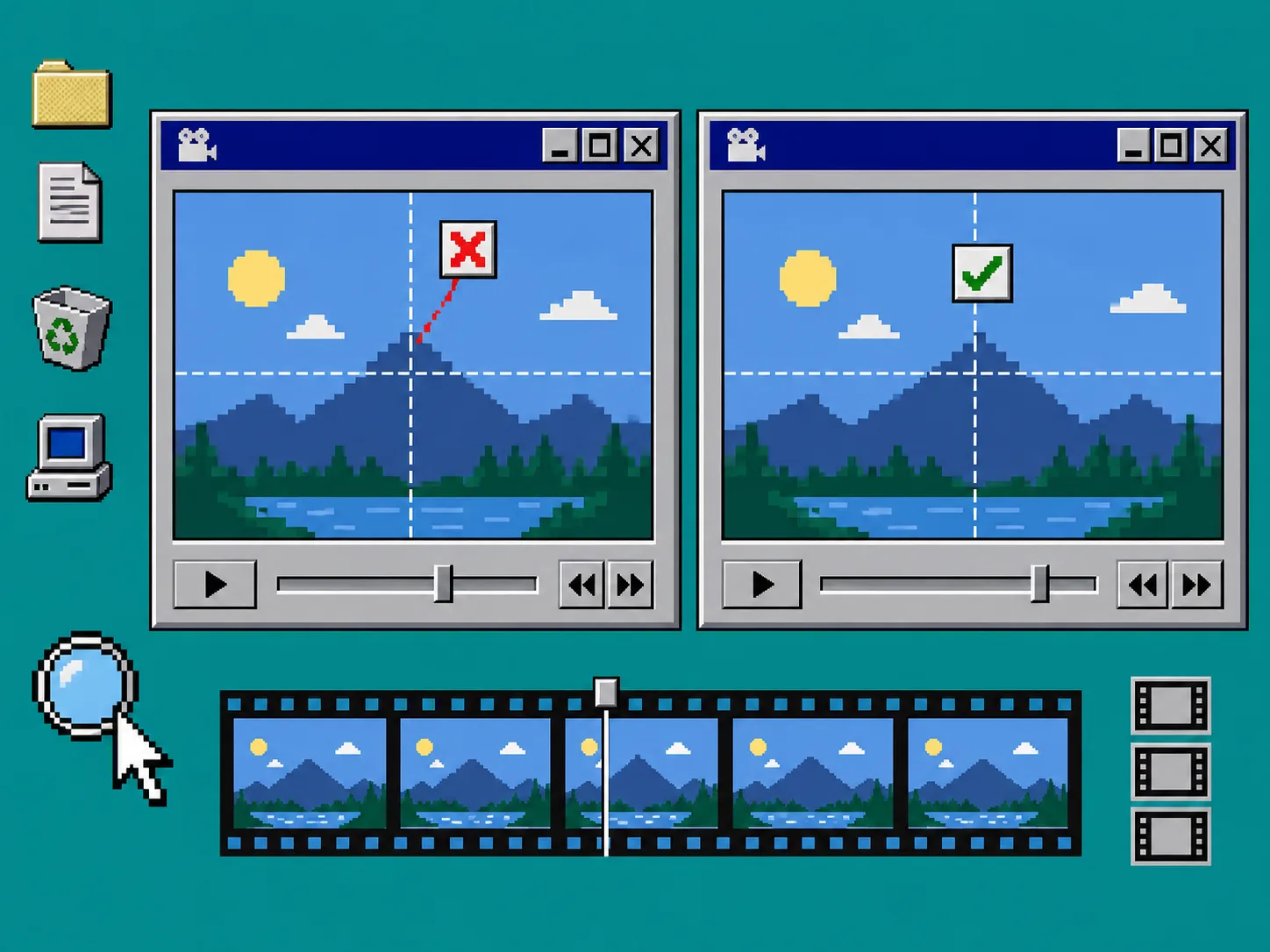 Retro visual QA screen comparing a warning and corrected preview