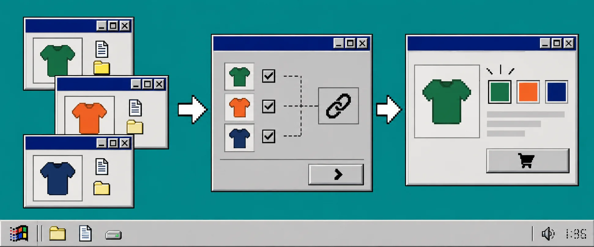 Retro workflow diagram for linked Shopify product swatches