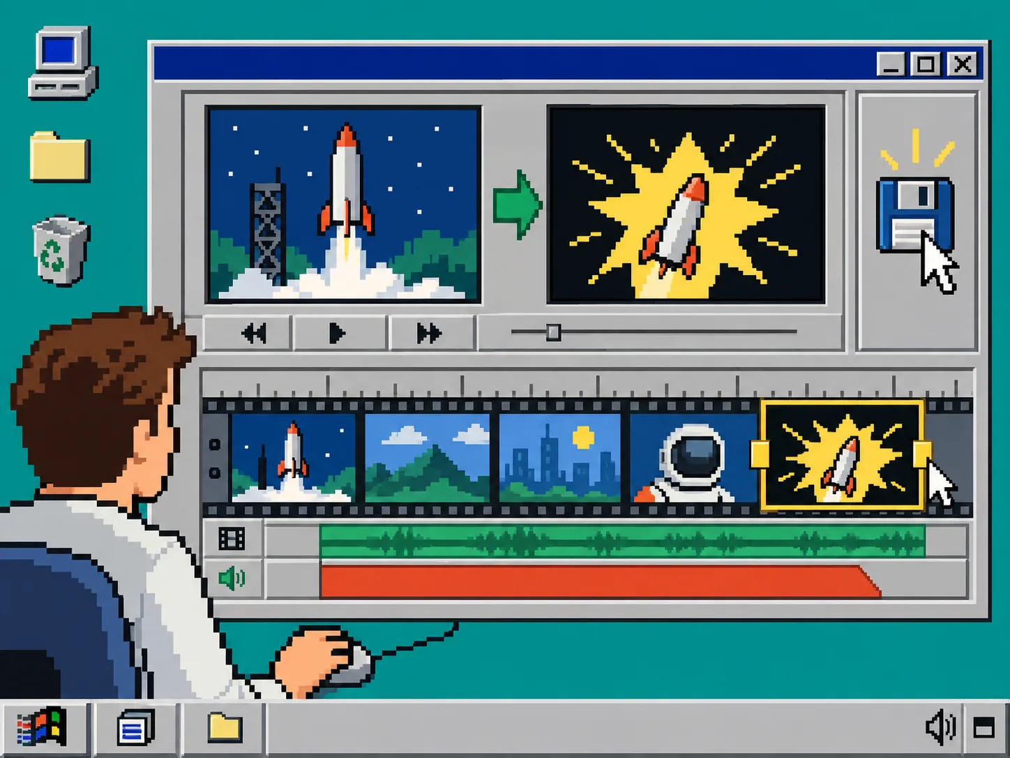 Windows 95 style editable launch video timeline