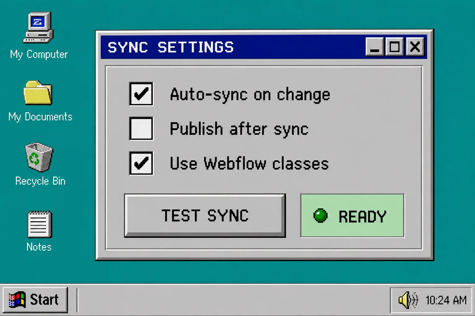 Windows 95 style SyncFlow settings dialog
