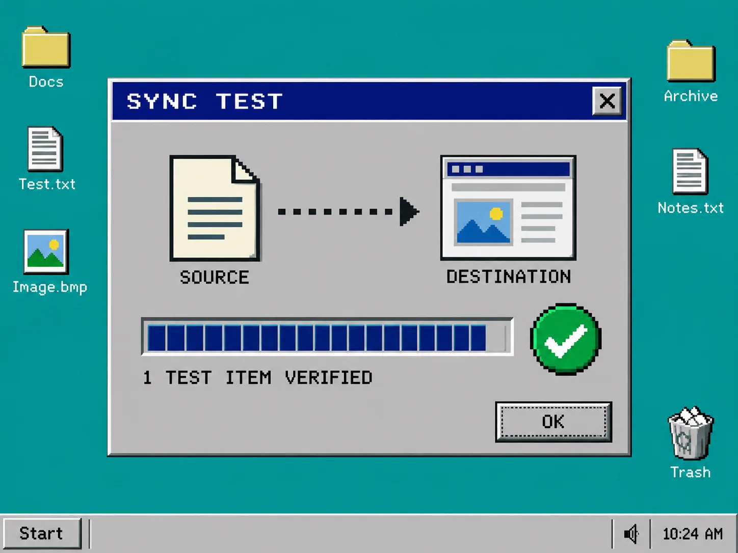 Windows 95 style test sync verification dialog