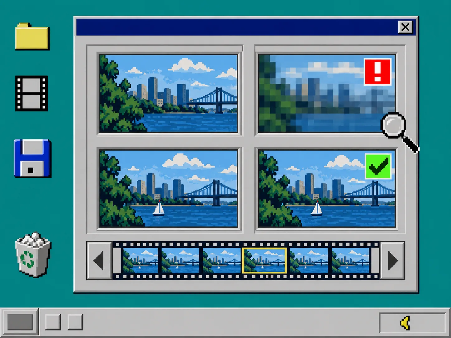 Retro quality-review dialog for checking rendered video frames
