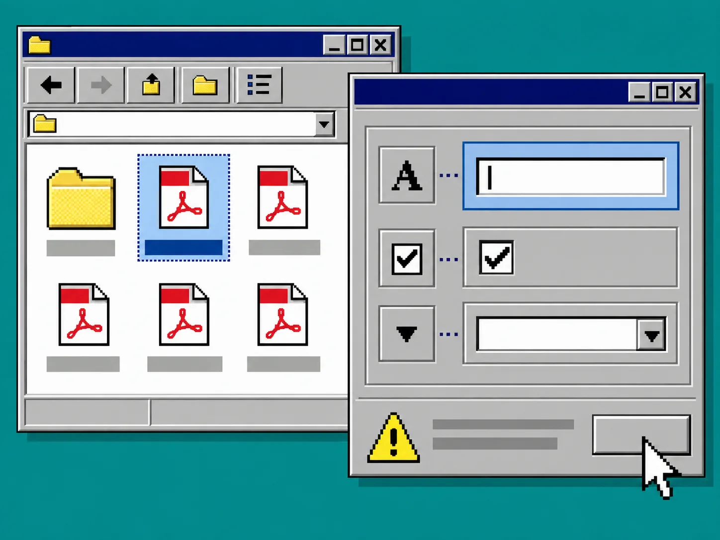 Windows 95 style diagram of PDF field types and hierarchy