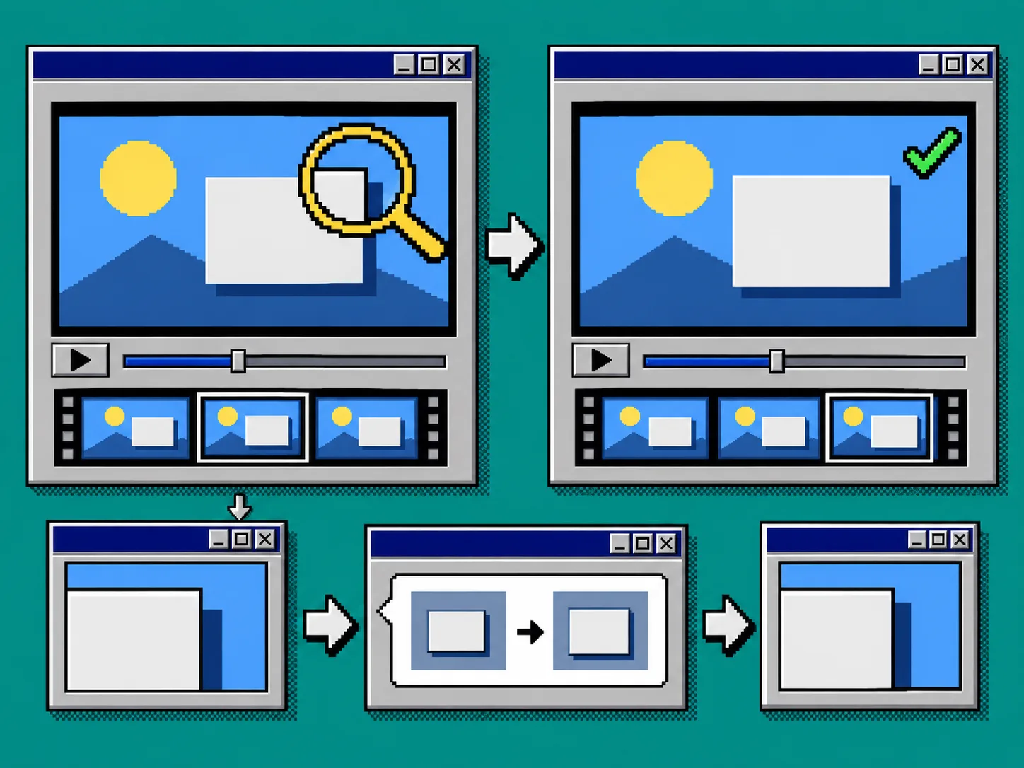 Windows 95-style video review showing a detected issue and correction