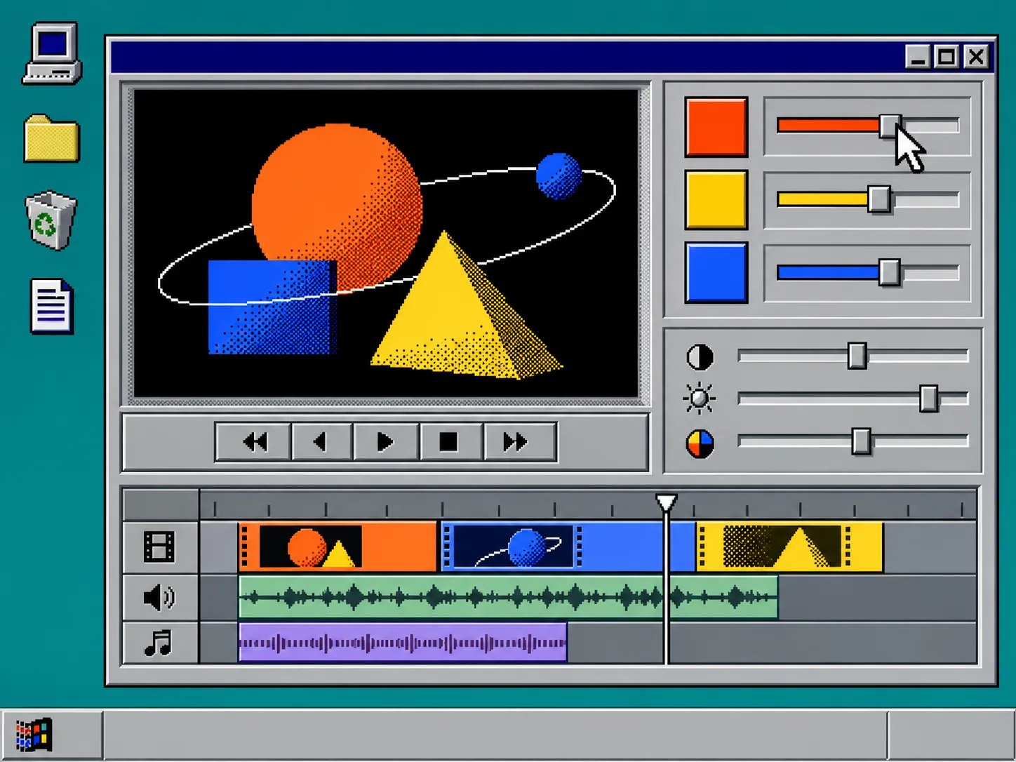 Windows 95-style structured video editor with timeline and controls
