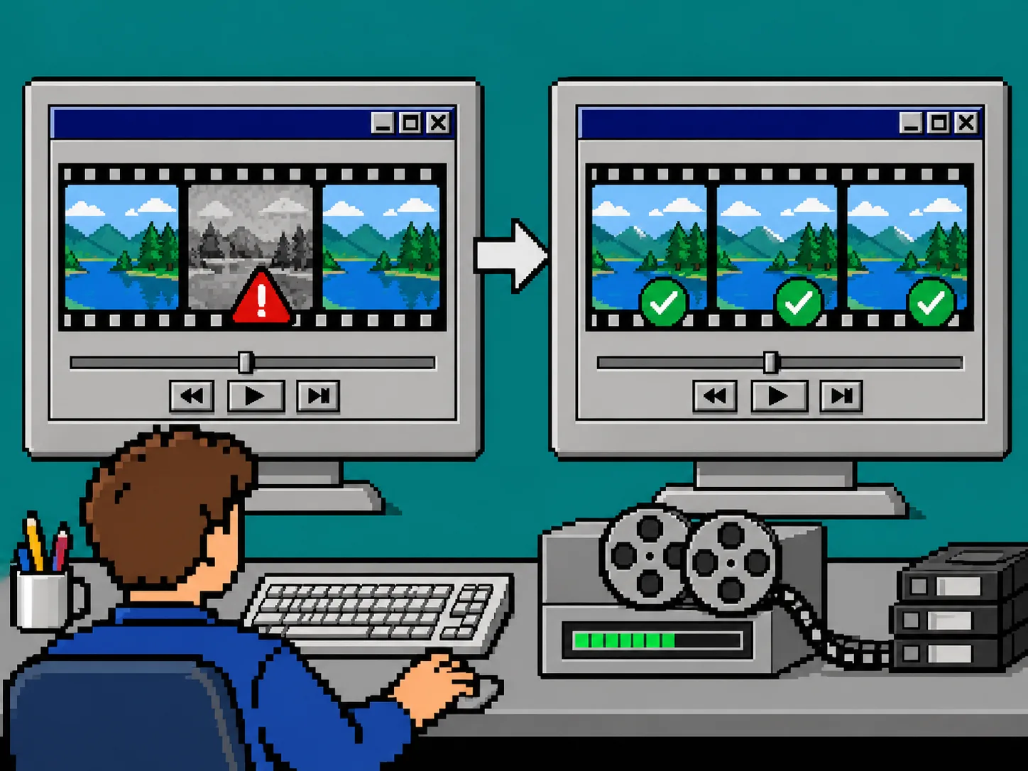Windows 95 video review showing a problem corrected after re-rendering
