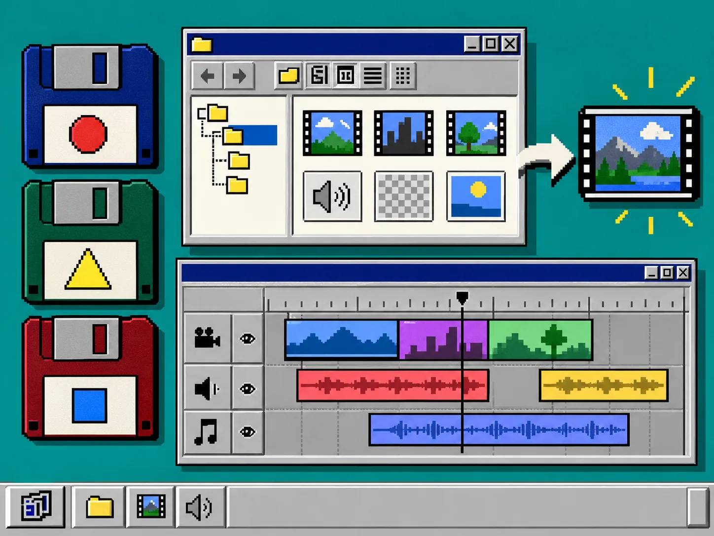 Windows 95 editable video timeline with organized source files
