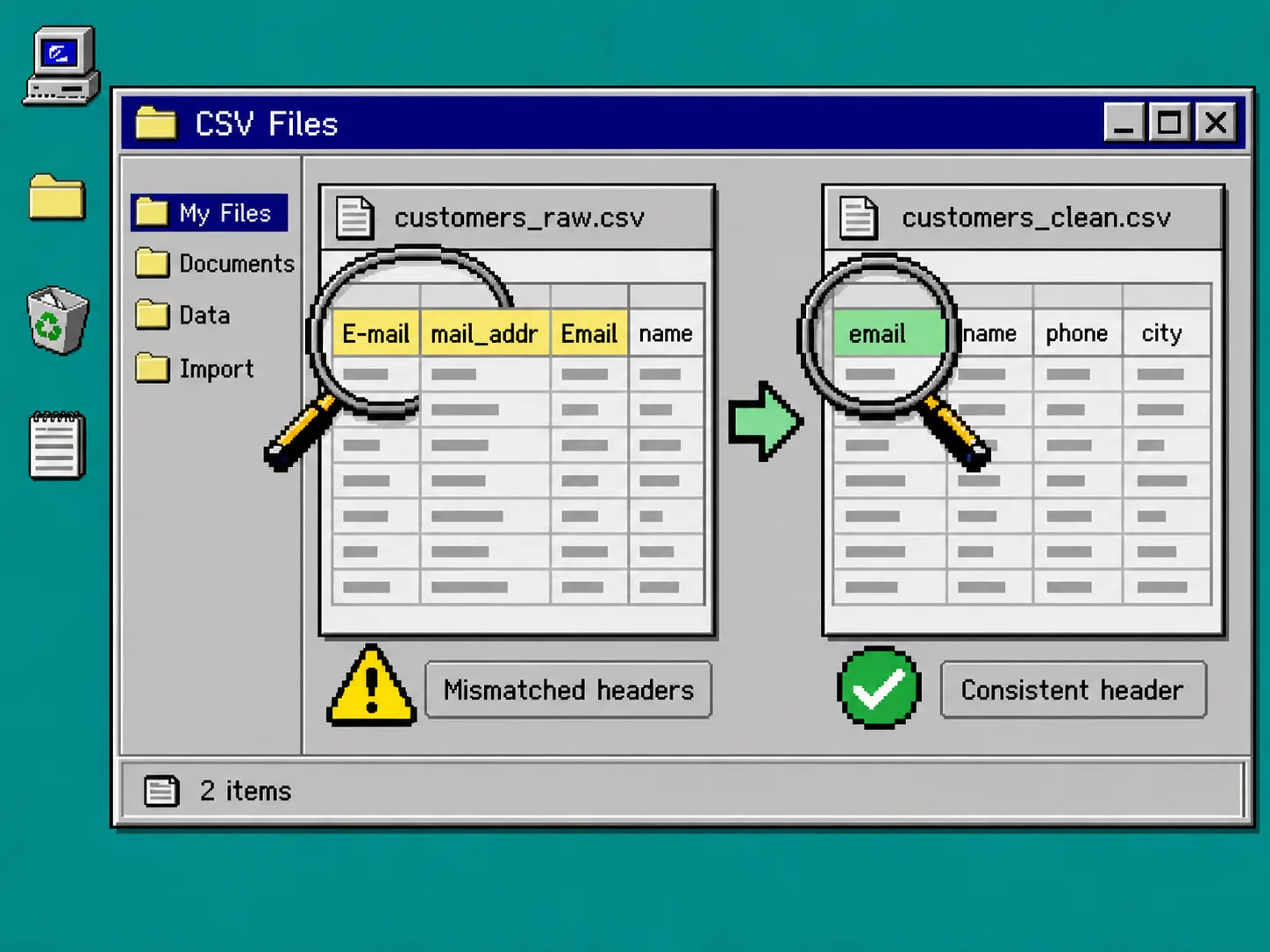Retro file explorer comparing mismatched and standardized CSV headers